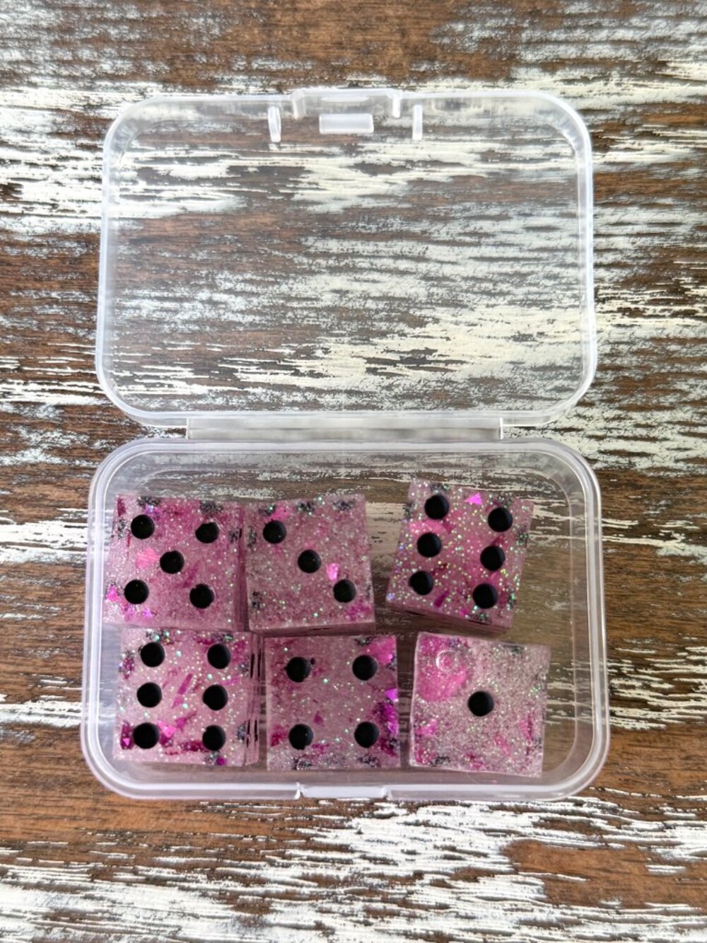 Resin Dice Set 6pcs - Pink Foil Black Dots - Handmade Replacement Dice Games - Picture 3 of 7